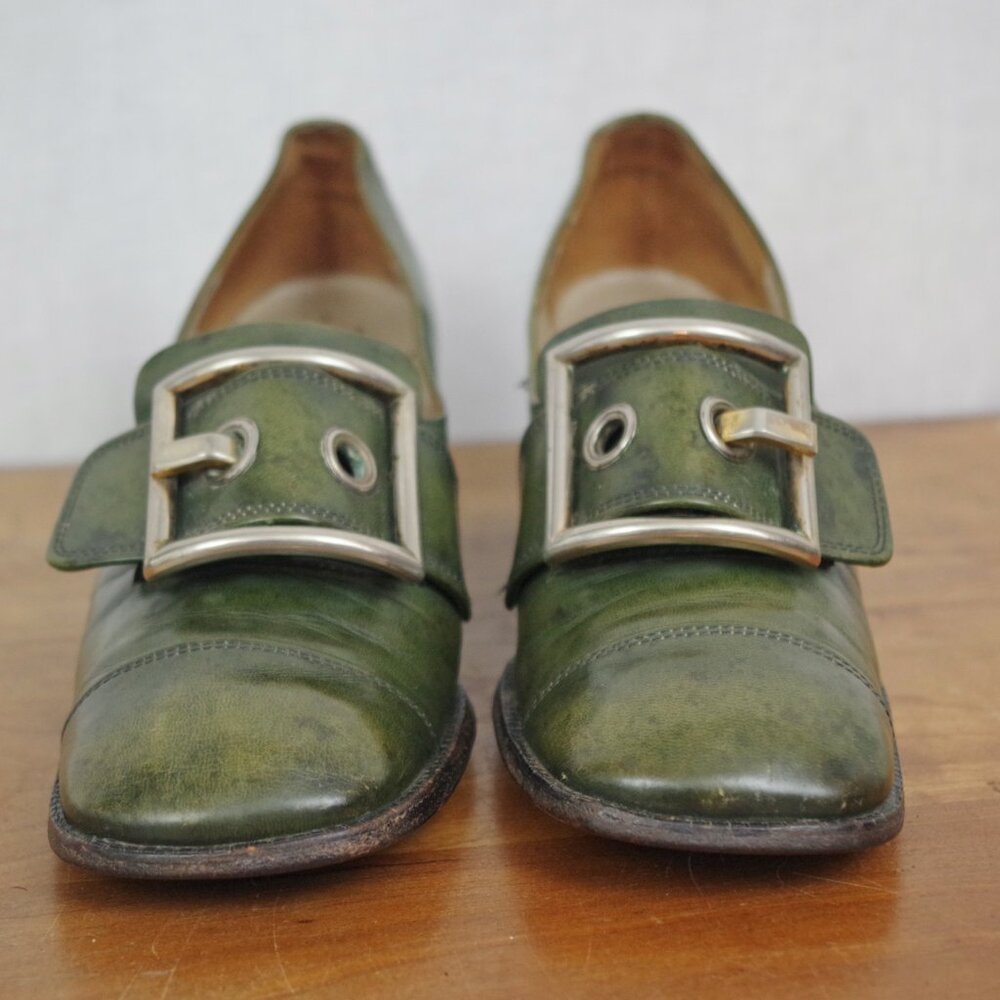 60's Vintage Pierre Cardin Paris Green Leather Buckle Front Heels 7AA - Picture 12 of 12